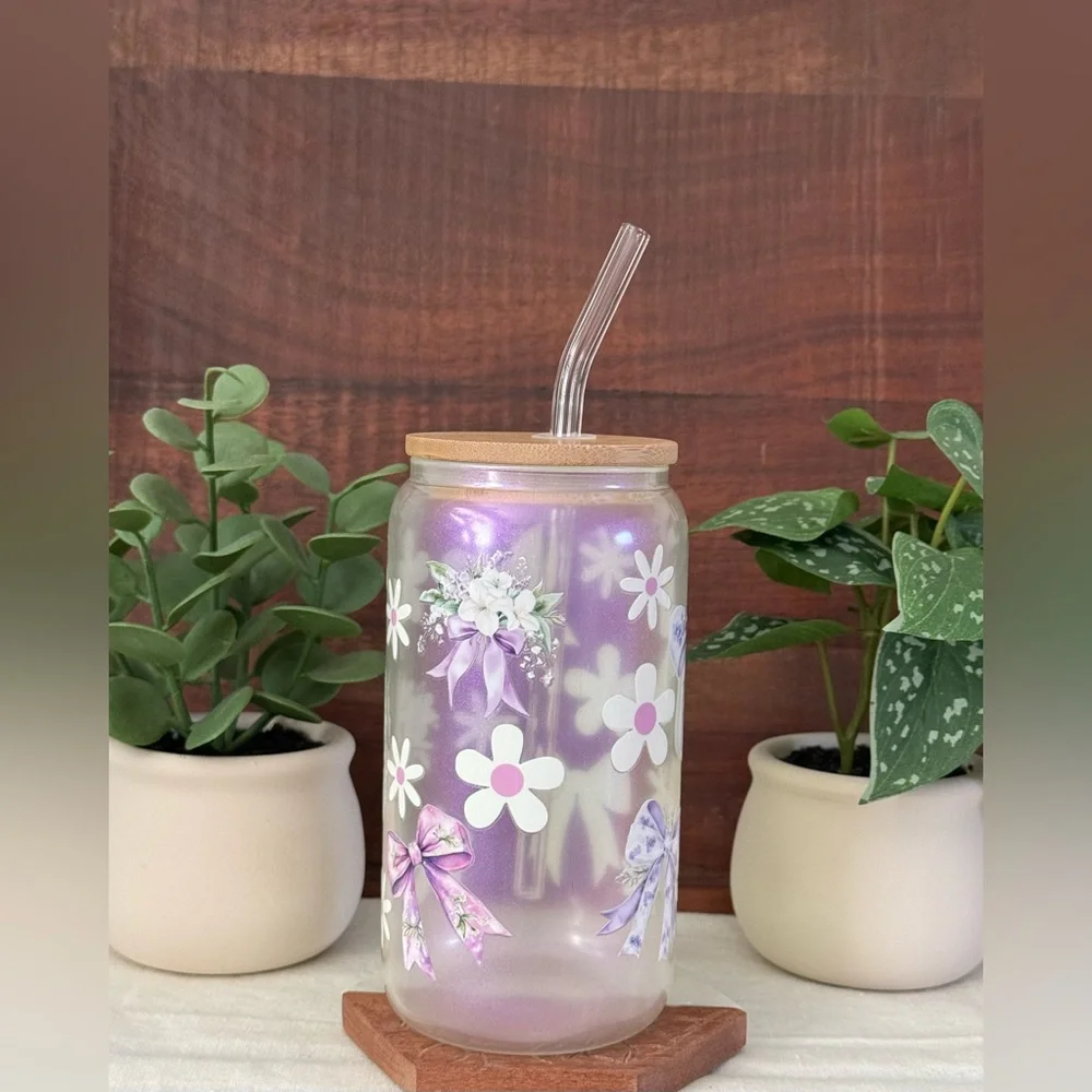 Purple Bows and Daisies Coquette Iridescent Glass Can with Pink Glass Cup - Picture 11 of 12